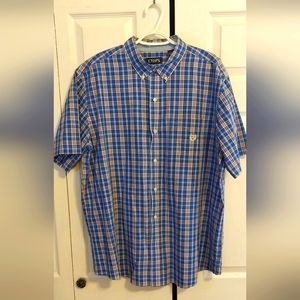 CHAPS Men's Short Sleeve Nautical Easy Care Button Up Shirt, Red, white, & blue